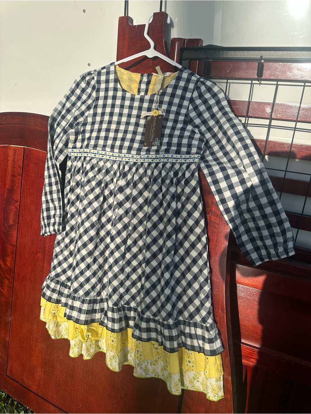 Matilda Jane Navy & White Gingham Dress with Yellow Trim.